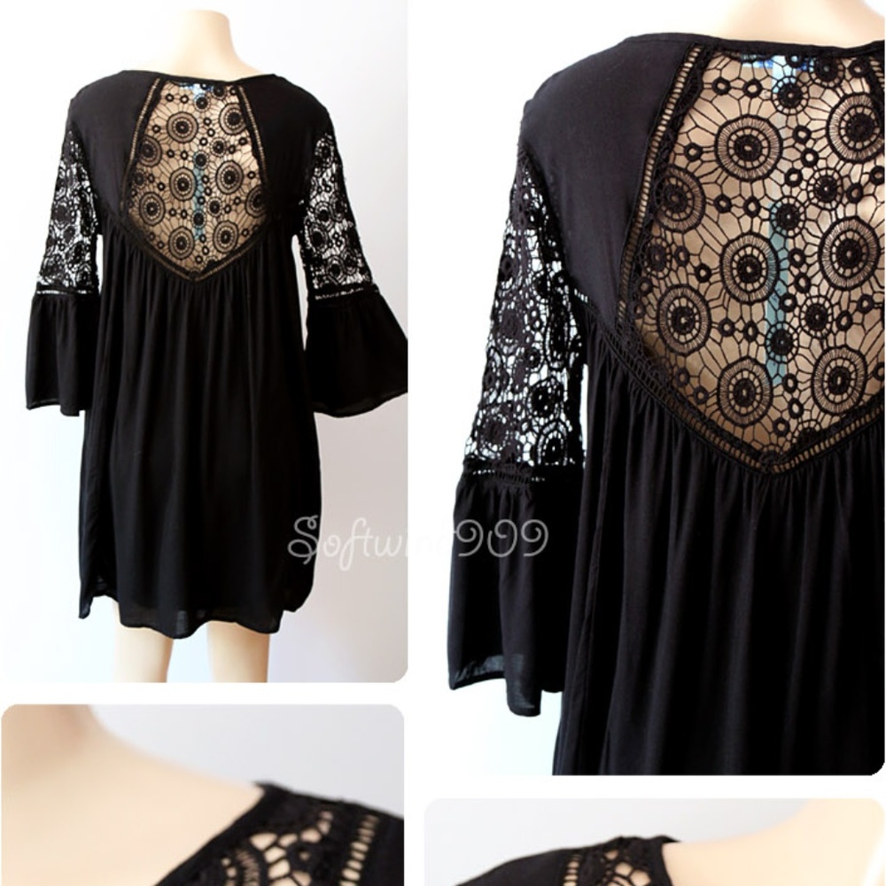 Last☝️Black Crochet Lace Boho Babydoll Swing Dress - Picture 4 of 8